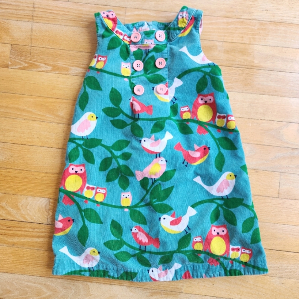 Mini Boden Colorful Bird Print Corduroy Jumper Dress Size 6-7